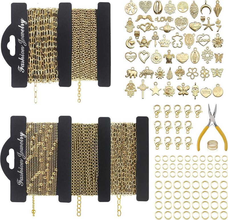 Ecoofor 14k Gold Necklace Chain for Jewelry Making, 16.6 Feet Total (5 Rolls) DIY Bracelet Chains with 300 Jump Rings, 50 Lobster Clasps, 1 Jewelry Pliers,1 Support Ring and 50 Pendants - Image 1